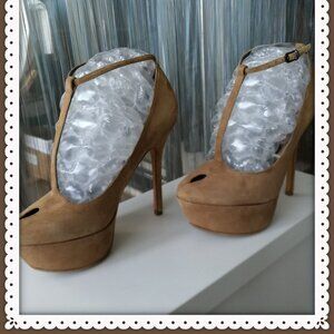 Sam Edelman Nivan Suede Heel Stiletto Peep Toe T-Strap Pumps -Camel  Size 7M